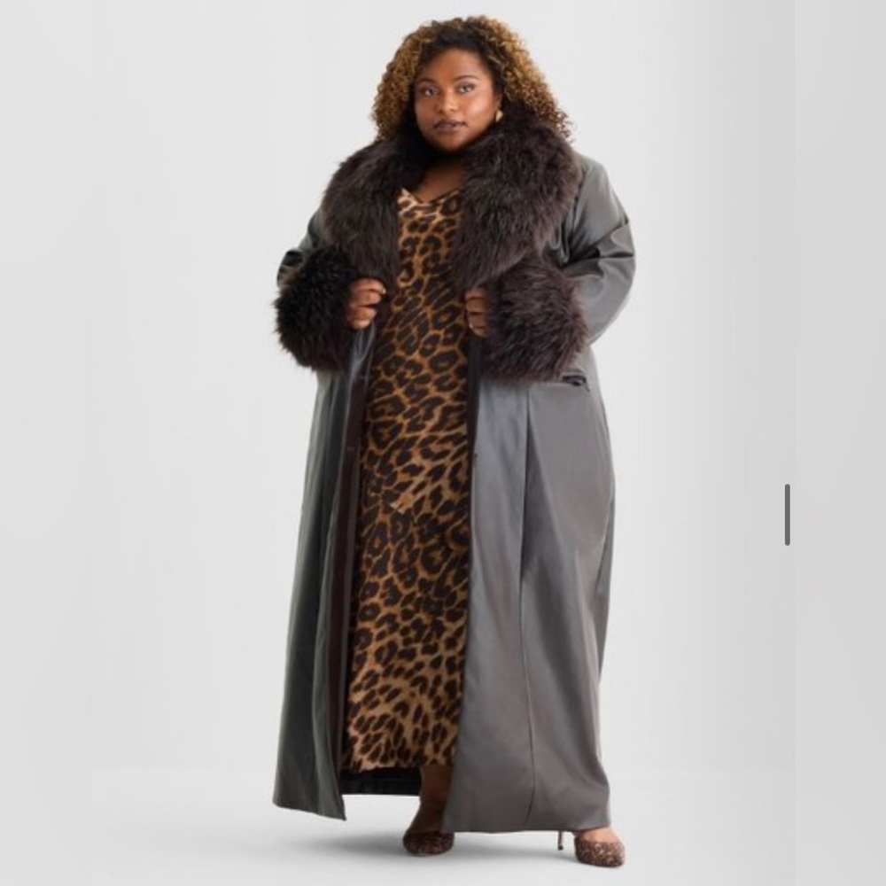 Plus-Size Faux Fur Trim Leather Maxi Coat - Dark Brown